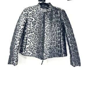 Armani Collezioni Womens Metallic Leopard Print Puffer Jacket Silver Grey Size 6